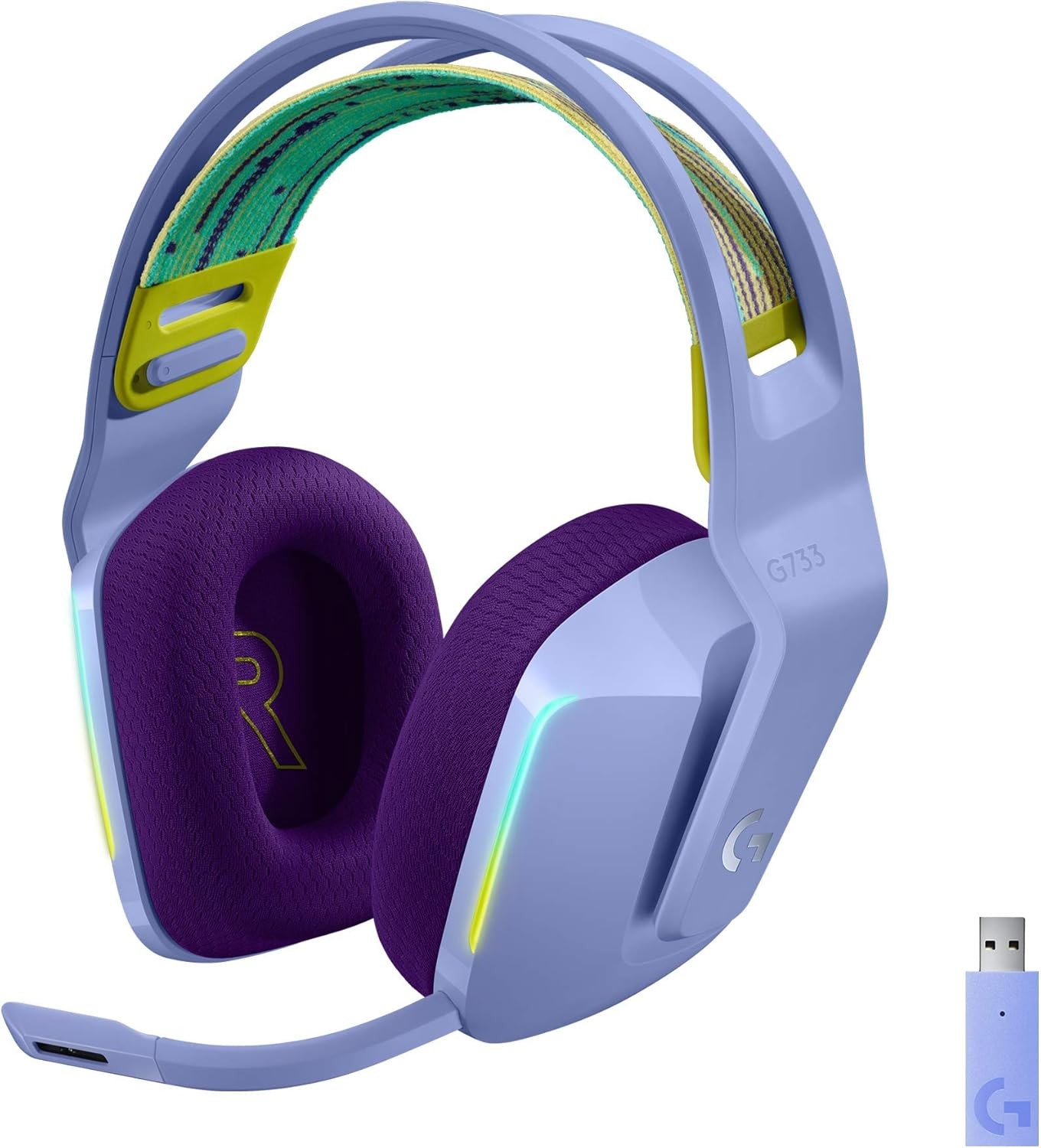 Logitech G733 Lightspeed Wireless Gaming Headset, Suspension Headband, Lightsync RGB, Blue VO!CE Mic, PRO-G Audio – Lilac, Gaming Headset Wireless, PC, PS5, PS4, Switch Compatible